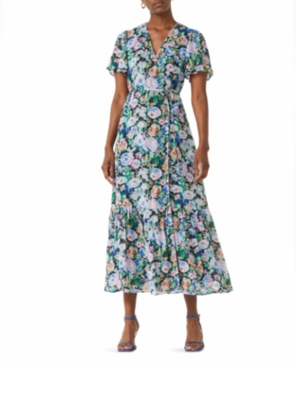 Floral V-Neck Wrap Maxi Dress in Blue and Green